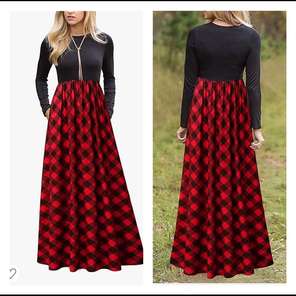 Plaid Long Sleeve Empire Waist Full Length Maxi Dress